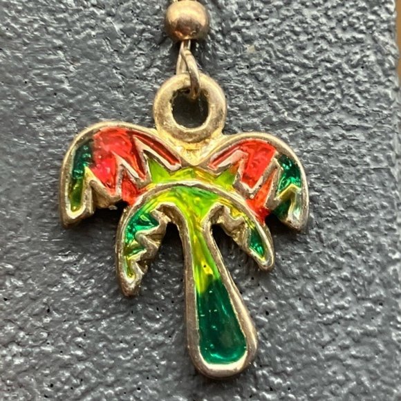 Dangle Pierced Earrings Trees Green Red Enamel Silver Hook Tropical Vacation - Picture 3 of 6